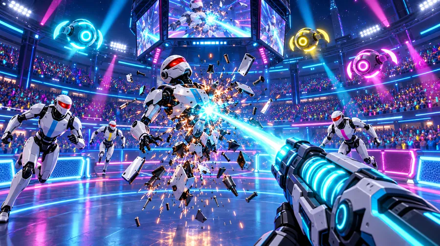 Sci-fi shooter in de Nask Arena: een Nask-bot valt uit elkaar door een laserstraal